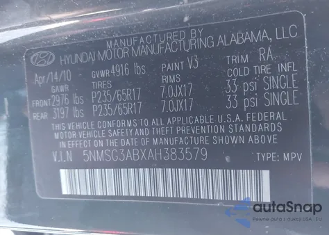 2010 Hyundai Santa Fe Gls из США, поврежденный, VIN 5NMSG3ABXAH383579